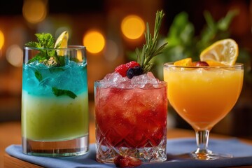 Colorful tropical cocktails with fruit garnishes in elegant glasses on a dark bar counter with warm bokeh lights in the background