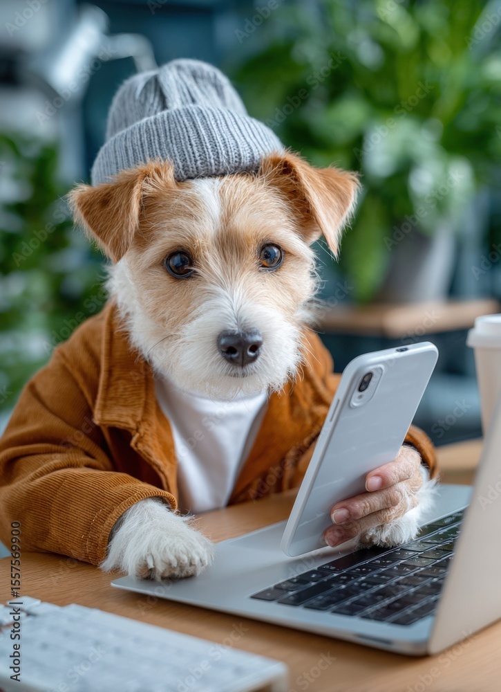Aufkleber adorable puppy wea a gray knit hat using a laptop at a table in cozy indoor setting with greenery in