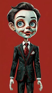 ventriloquist doll wearing a suit and tie in illustration.