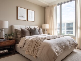 A bed with a white comforter and pillows. A lamp is on the nightstand