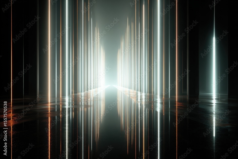 Poster futuristic glowing digital tunnel with bright light reflections, high-tech digital corridor with abs