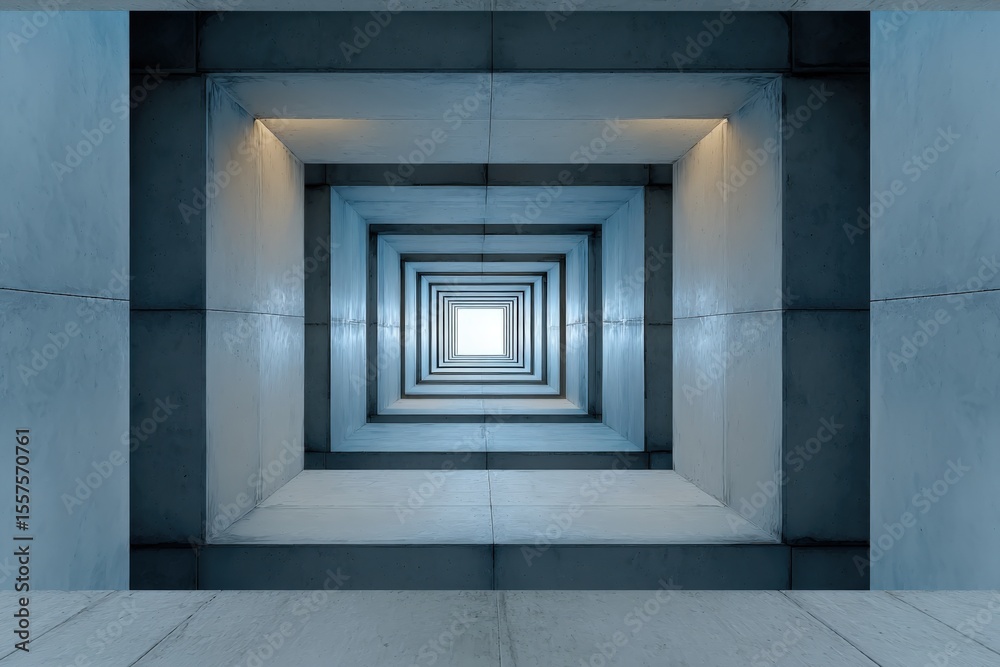 Aufkleber Modern architectural concrete tunnel with repetitive rectangular openings in cool blue tones with lighting effects for futuristic design inspiration