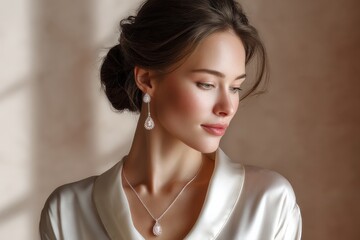 Elegant young woman with flawless skin wea luxurious pearl ears and matching necklace in sophisticated white satin evening outfit