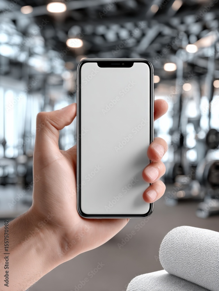 Poster modern smartphone held in hand in an industrial illuminated environment with blurred background of m