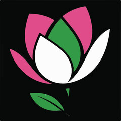 A colorful vector illustration of a blooming flower with pink, green, and white petals, and a single green leaf, set against a dark background.