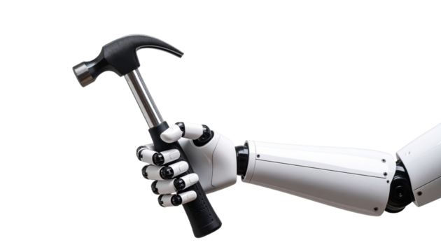 Futuristic robot hand taking hammer isolated on white background
