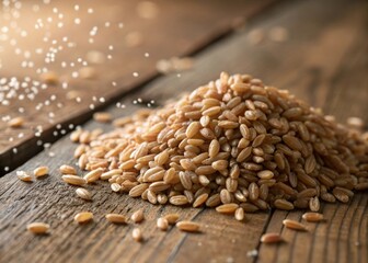 Obraz premium Captivating closeup of uncooked brown rice in a natural kitchen setting highlighting grain textures and colors