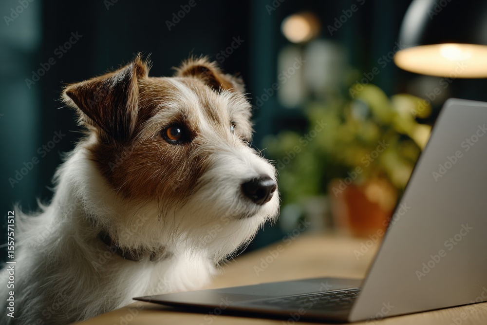 Aufkleber adorable small mixed-breed dog sitting in front of a laptop computer indoors with a blurred backgrou