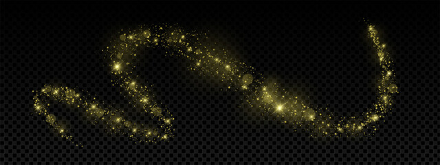 Magic gold glitter dust swirl with stars, sparkles and glowing light trail. Bright shimmer effect with flare, bokeh and stardust on dark transparent background. Fantasy night vector illustration.