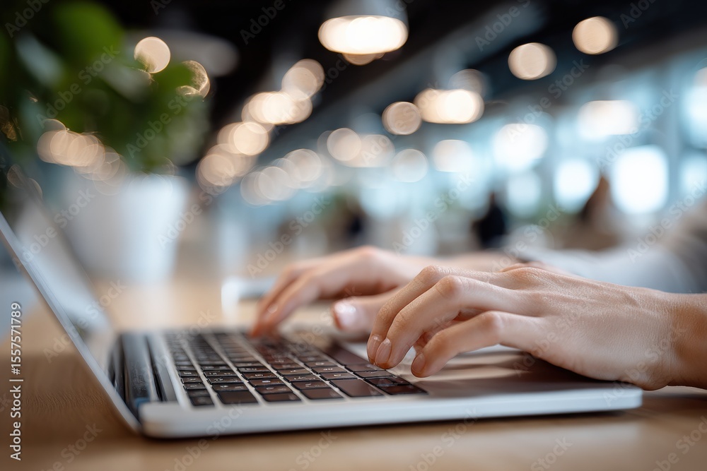 Poster person typing on a slim modern laptop with illuminated bokeh background in a cozy cafe or workspace 