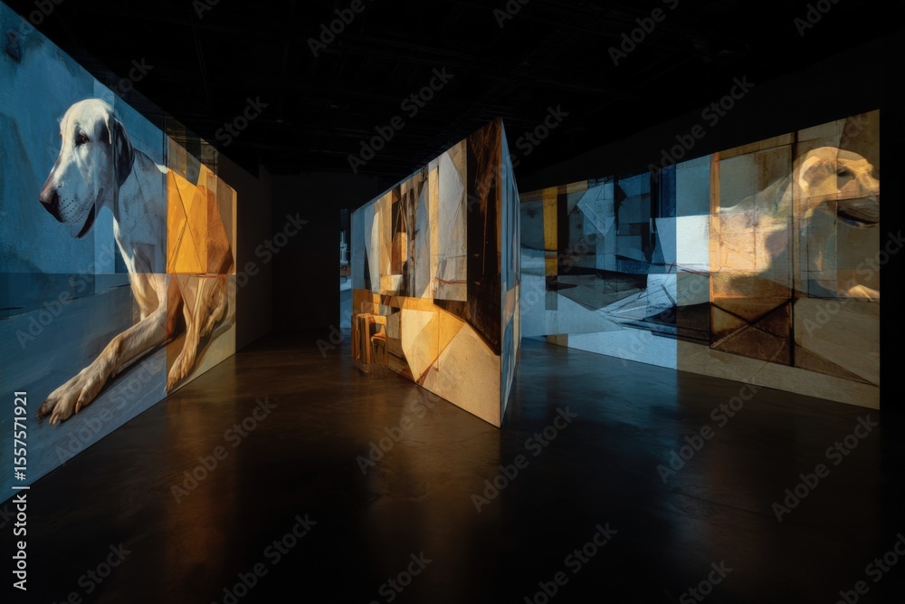 Poster Immersive Digital Art Installation Featu Projected Abstract Animal and Geometric Patterns on Curved Walls in a Dark Modern Gallery Space