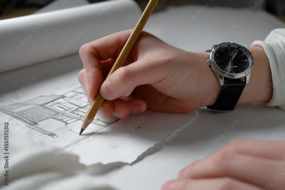 Aufkleber Detailed architectural blueprint of a modern building project with precise measurements and technical sketches on drawing paper