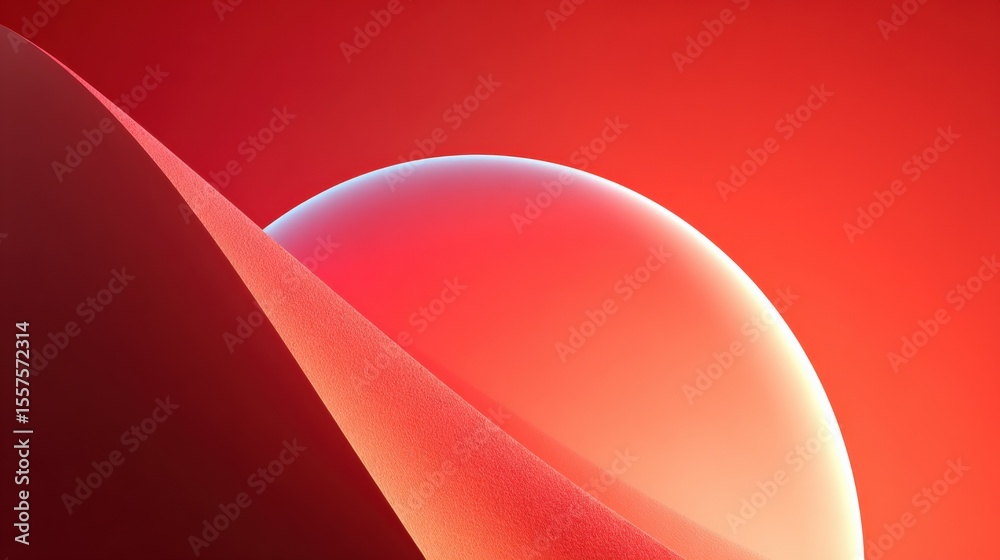 Poster Abstract Minimalist Illustration of a Glowing Spherical Object with a Curved Surface and Vibrant Red Background in Digital Art Style