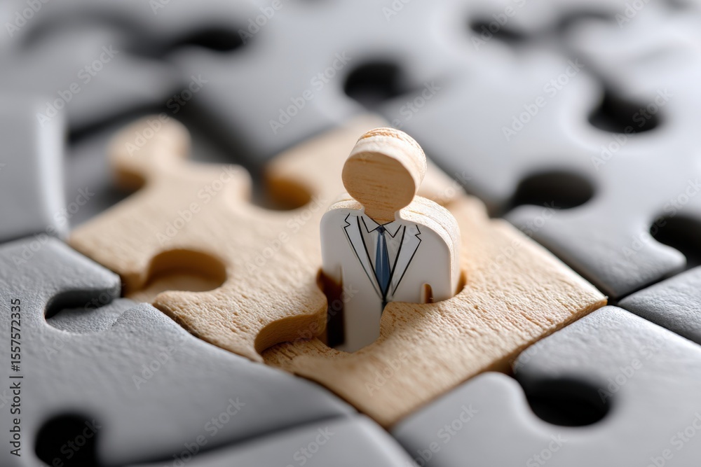 Poster Businessman figure in a puzzle piece as part of a complex solution representing teamwork collaboration and problem solving in the workplace