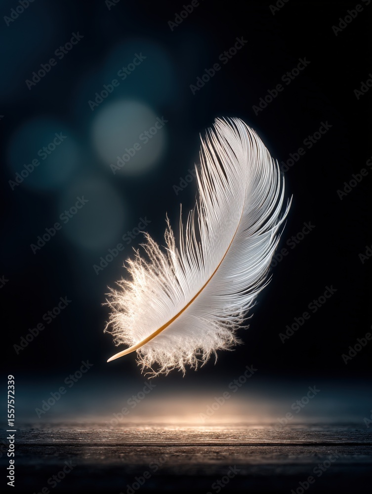 Poster Elegant white feather floating in midair with soft glowing background and bokeh lights, close-up macro shot of bird feather for nature design