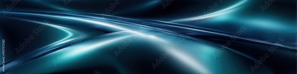 Aufkleber Abstract flowing metallic waves in neon blue and turquoise with light streaks and reflective surface creating a futuristic digital background