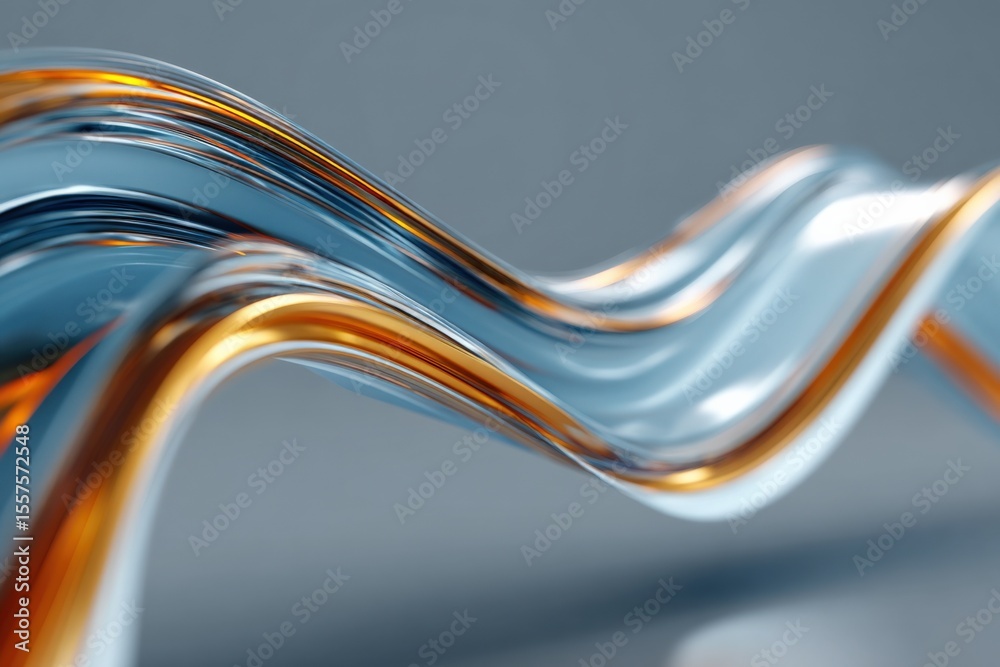 Poster Abstract dynamic flowing metallic ribbons with shiny smooth surface in motion with vibrant orange blue and silver colors on a soft gray background