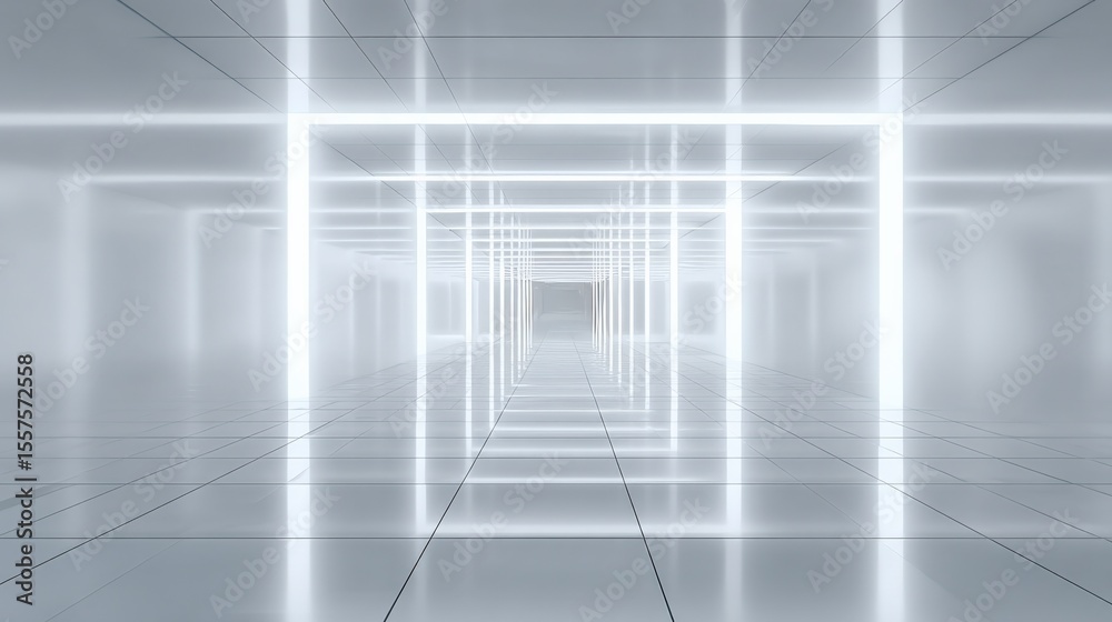 Poster Futuristic Bright White Neon Light Tunnel with Reflective Floor and Ceiling Creating a Infinite Corridor Effect in a Modern Technology Style