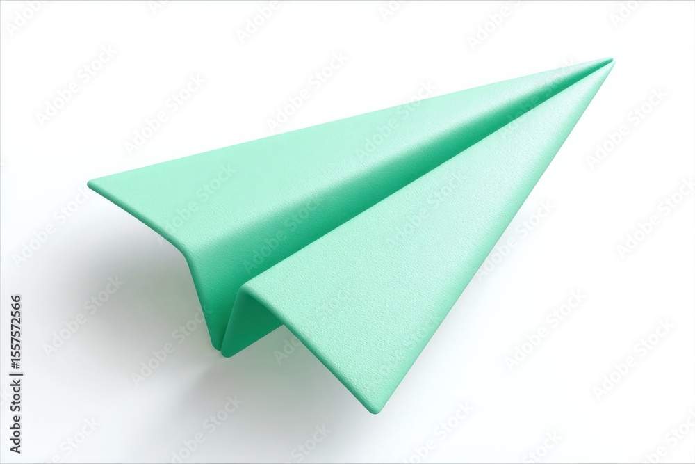 Poster minimalist mint green paper airplane model with folded creases and smooth texture on white backgroun