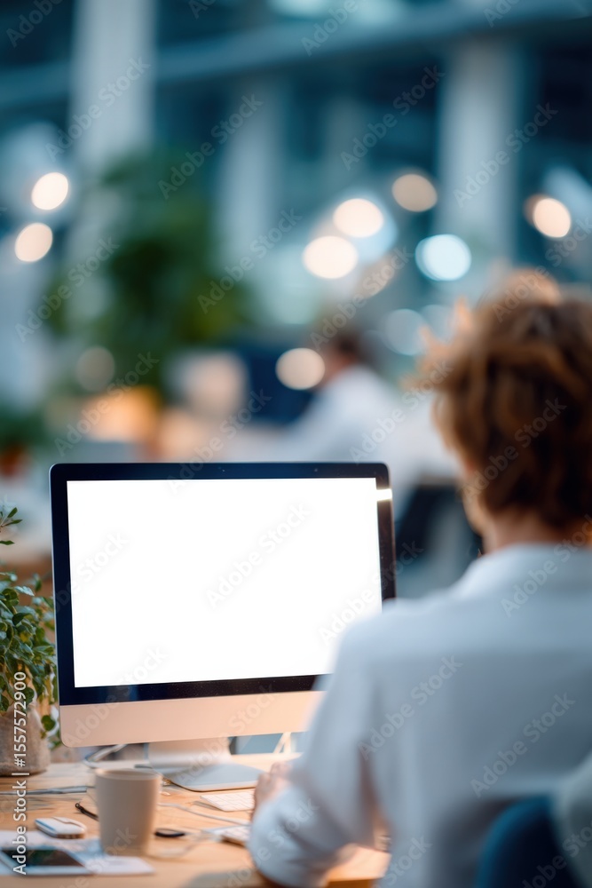 Aufkleber Business professional working on a computer in a modern office with large and blurred colleagues in the background du daytime