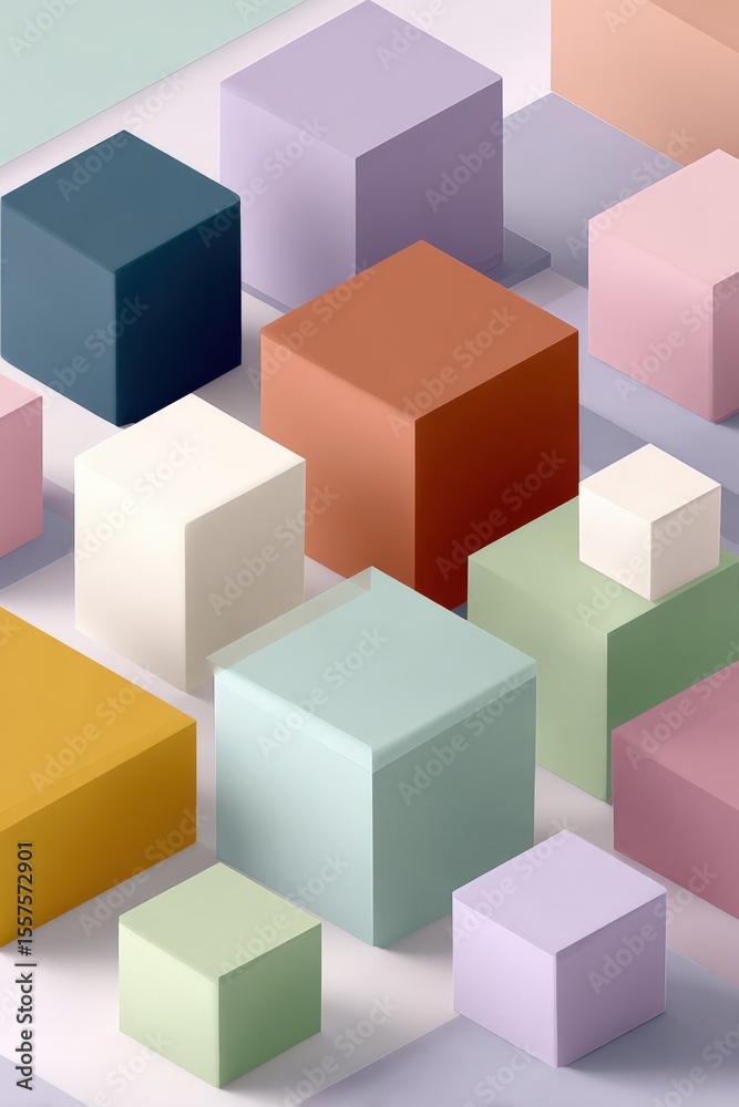 Poster colorful geometric cubes in various sizes with soft pastel and bright tones for modern design and cr