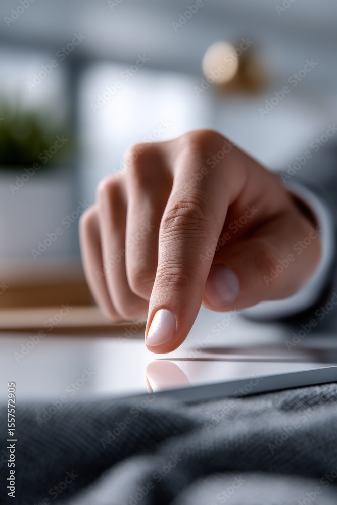 Poster close-up of a person's hand using a smartphone touchscreen device with a blurred modern office backg
