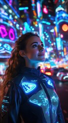 Woman in futuristic jacket at night in a neon lit city