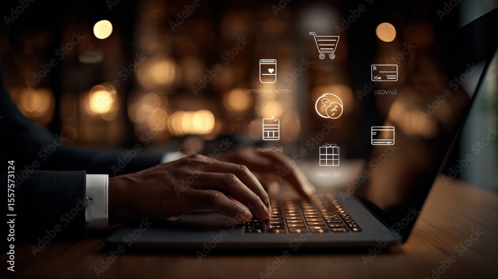 Aufkleber Businessman working on a laptop using futuristic digital icons for data analysis and online shopping in modern office setting