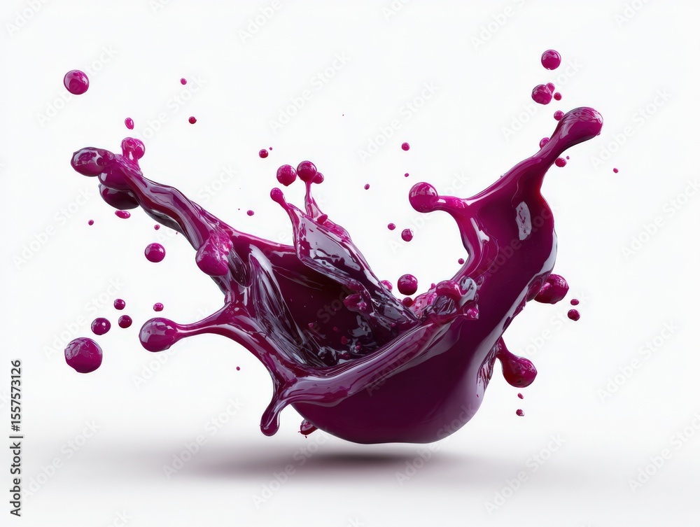 Poster dynamic splash of vibrant purple liquid in mid-air with droplets and motion effect isolated on white