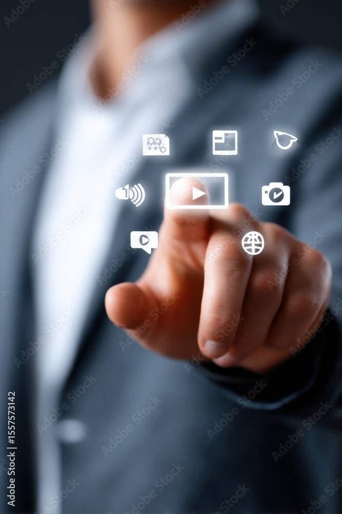 Poster businessman in formal suit interacting with virtual touchscreen icons for multimedia social media co