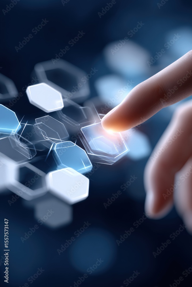 Aufkleber Human finger pressing a hexagonal button on a futuristic digital touchscreen interface with glowing holographic elements and digital connection lines