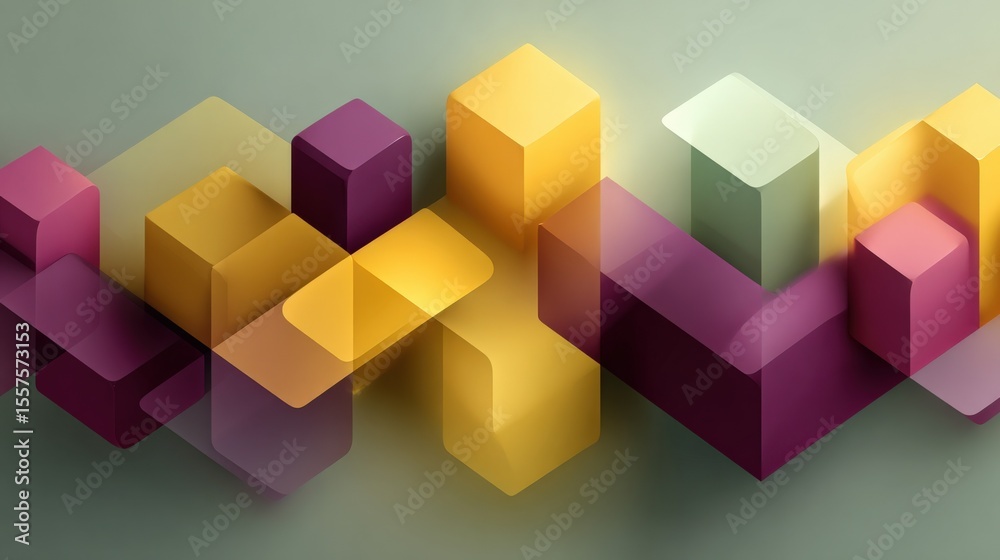 Poster Abstract geometric 3D colorful cubes and blocks arrangement with vibrant pastel colors and soft shadows on neutral background