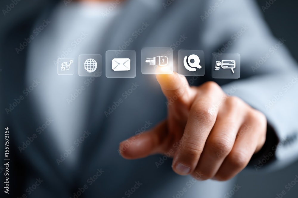 Poster business professional interacting with digital communication icons on touchscreen device in modern o