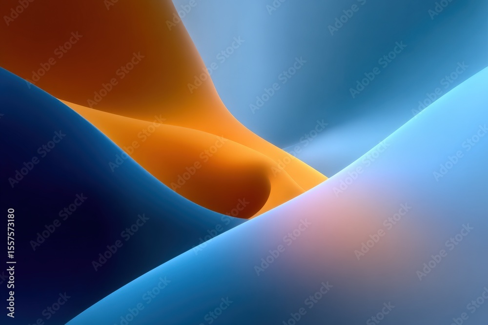 Poster Abstract fluid dynamic background with smooth flowing curves in shades of blue orange and soft pastel tones for modern design elements