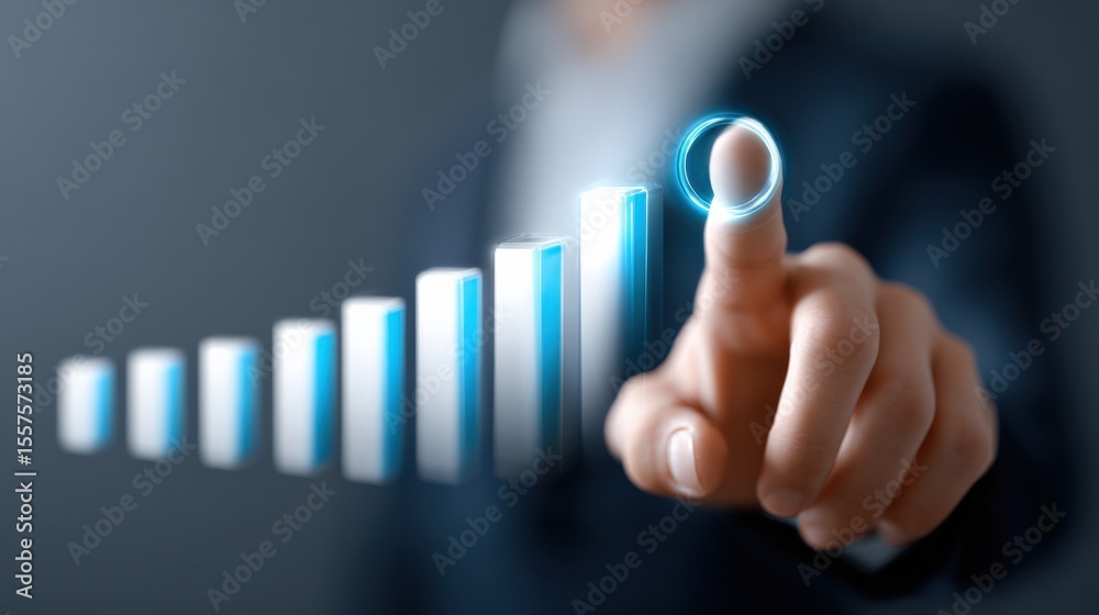 Poster businessman in formal suit touching glowing digital bar chart indicating growth and progress on futu