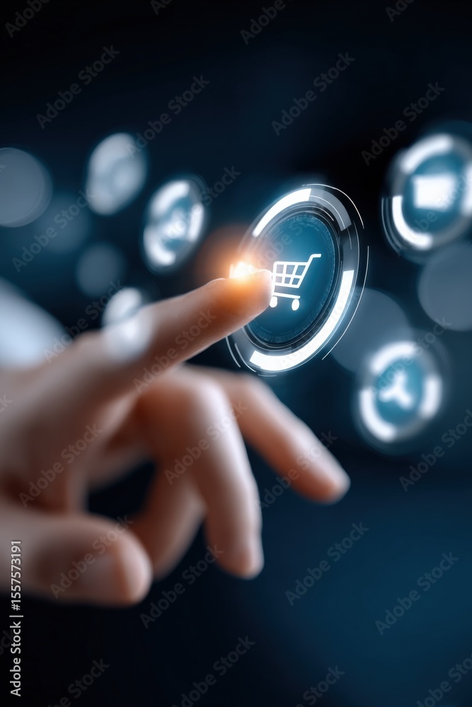 Aufkleber digital shopping experience concept with hand interacting with futuristic glowing e-commerce icons o