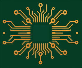 A detailed vector illustration of a central microchip with intricate, radiating orange circuit lines on a dark green background, symbolizing technology and connectivity.
