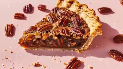 Delicious pecan pie slice on pink background.