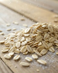 Obraz premium Scattered arrangement of flat raw oat grains in pale beige tones with fiber natural environment close-up view of grain texture