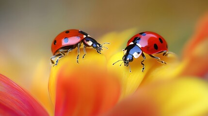 Obraz premium Two Ladybugs on Vibrant Yellow Flower Macro Photography