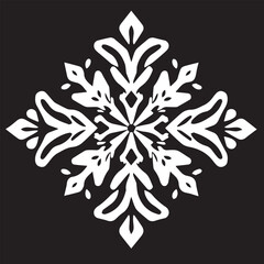 A decorative vector illustration of a white snowflake-like ornament with intricate floral or leafy patterns, set against a black background.