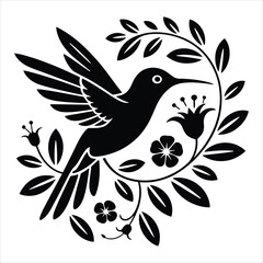 Black Hummingbird with Floral Vine Silhouette