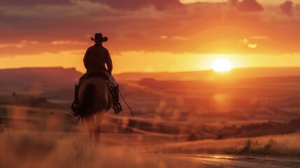 Cowboy riding horse during sunset in nature.