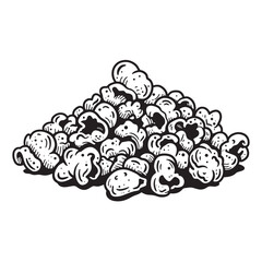 A black and white vintage art silhouette illustration depicting a delicious pile of popcorn perfect for cinema and snack related designs