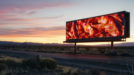 A vivid digital billboard at sunset.