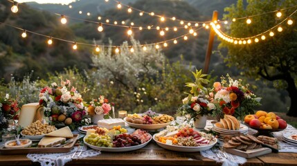 A beautiful outdoor dinner setup with lights.