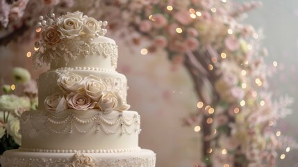 Elegant wedding cake with floral decoration.