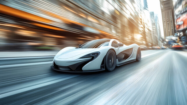 Fast Concept Car On City Streets With Motion Blur