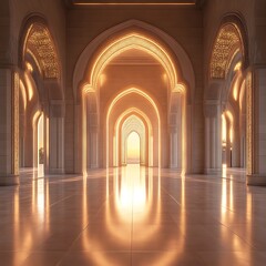 Fototapeta premium Grand, illuminated mosque hall. Golden arches, peaceful ambiance