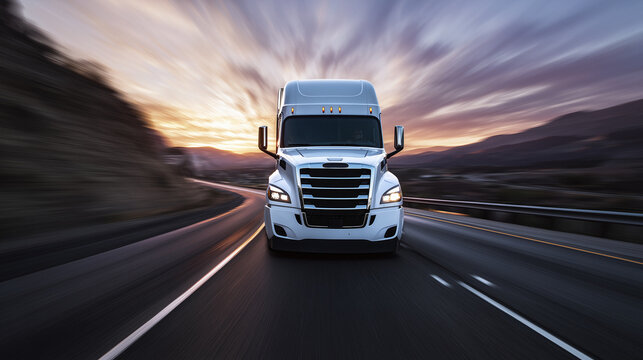 Generic White Truck Driving On Highway With Motion Blur